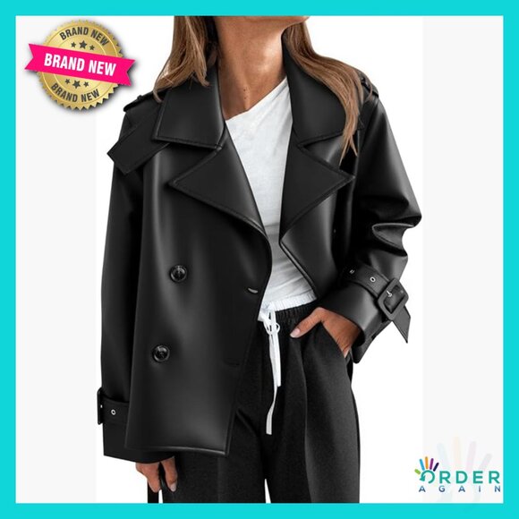 Oversized Faux Leather Motorcycle Jacket Button Down Trench Coat Fall Outerwear